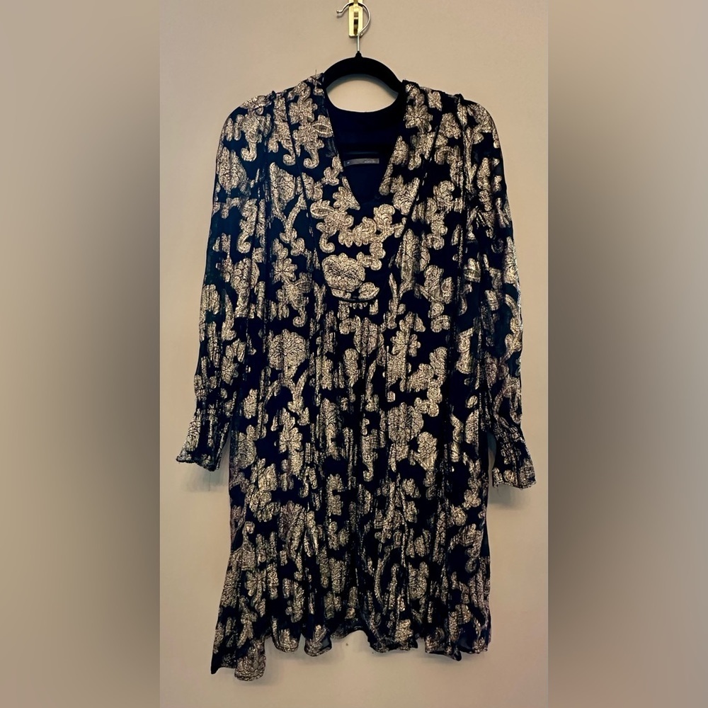 Anthropologie Metallic Brocade Dress XS Gold and Black
